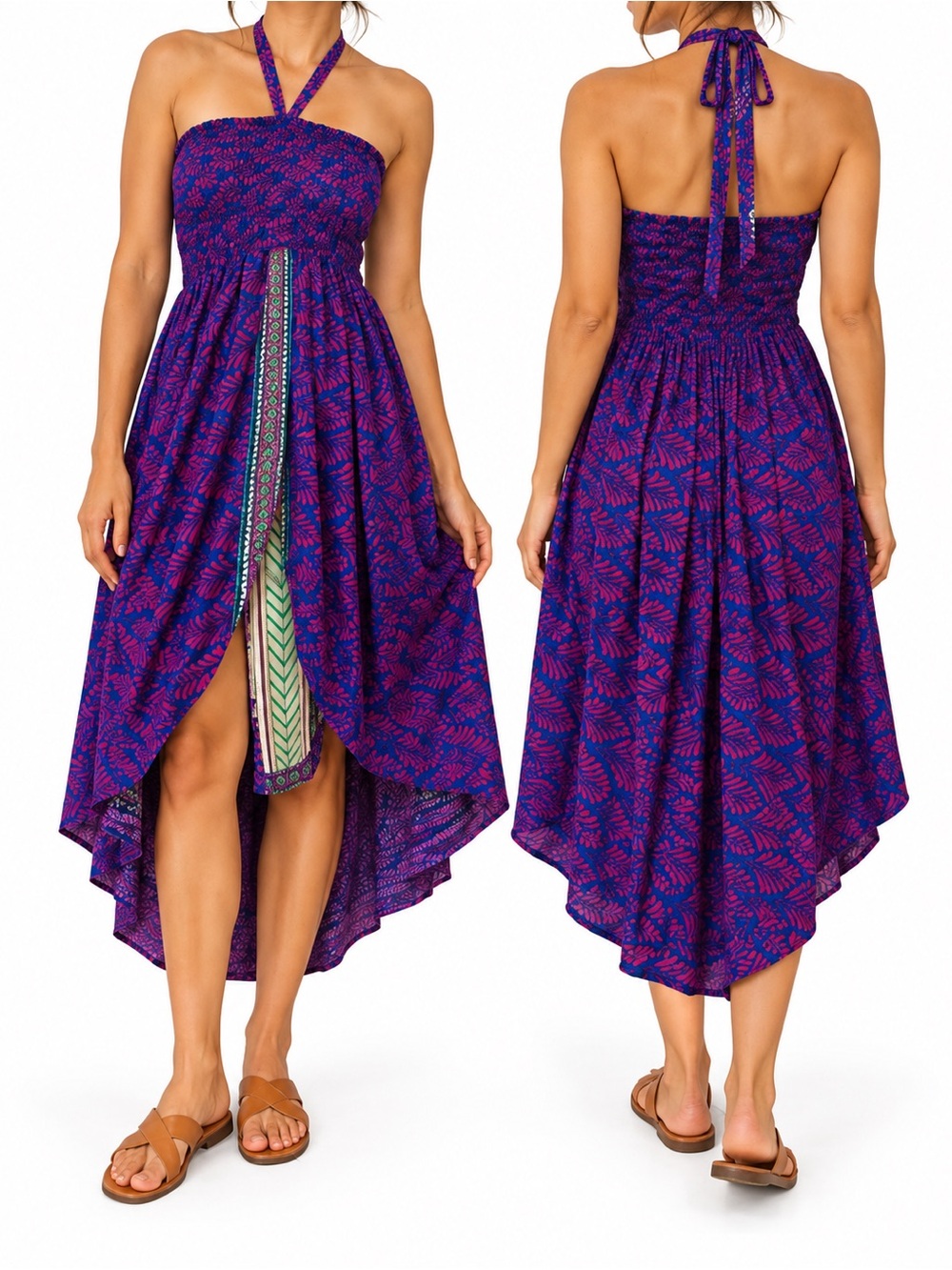 Halter Smocked High-Low Dress in Deep Purple Print